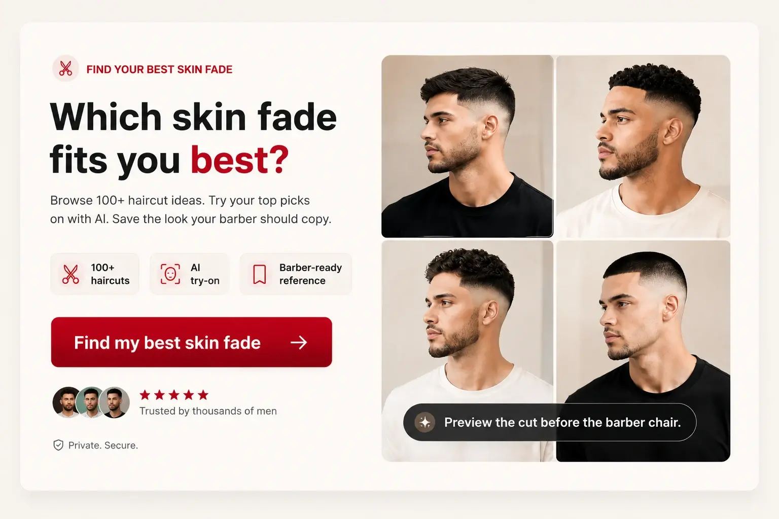 Find your best skin fade. Browse 100+ haircut ideas, try your top picks with AI, and save a barber-ready reference.