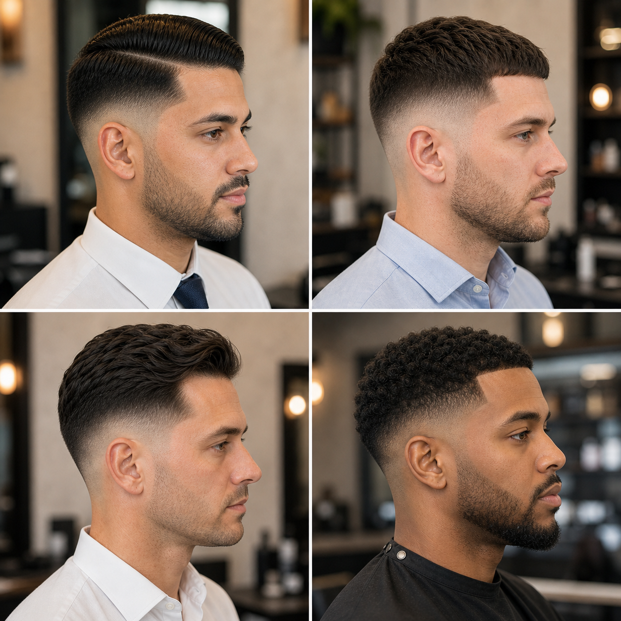 Professional skin fade examples with side part, crop, taper, and curls
