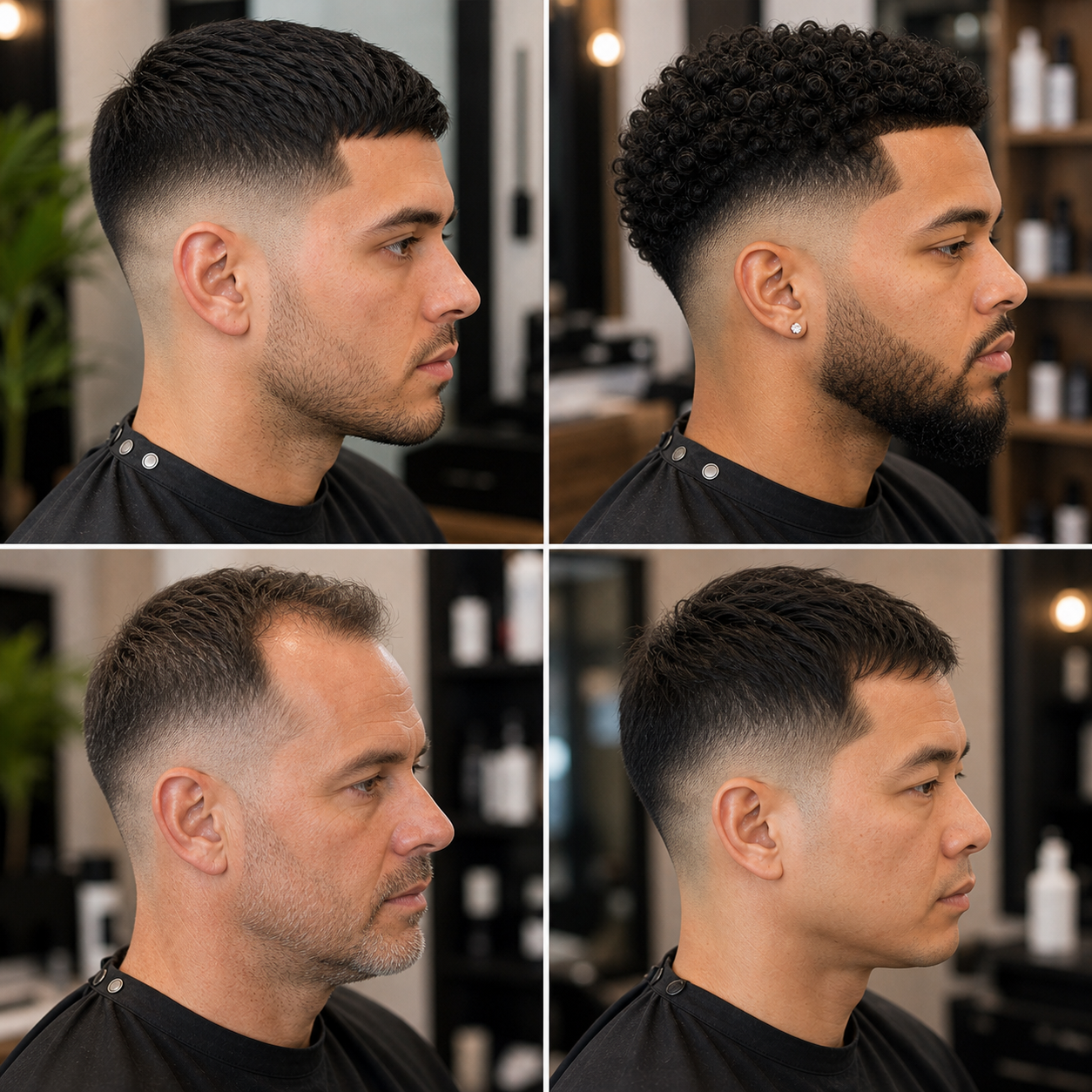 Skin fade haircuts shown on full hair, curls, mature hairline, and thinner hair