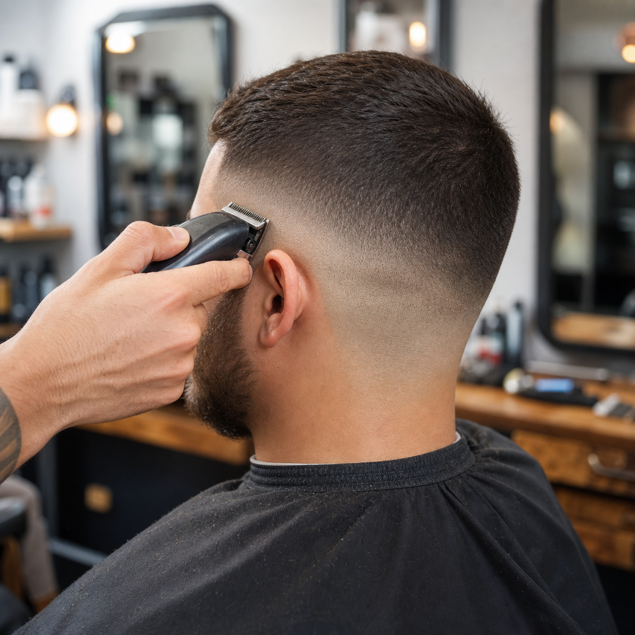 Barber cutting a skin fade with clippers in a modern barbershop