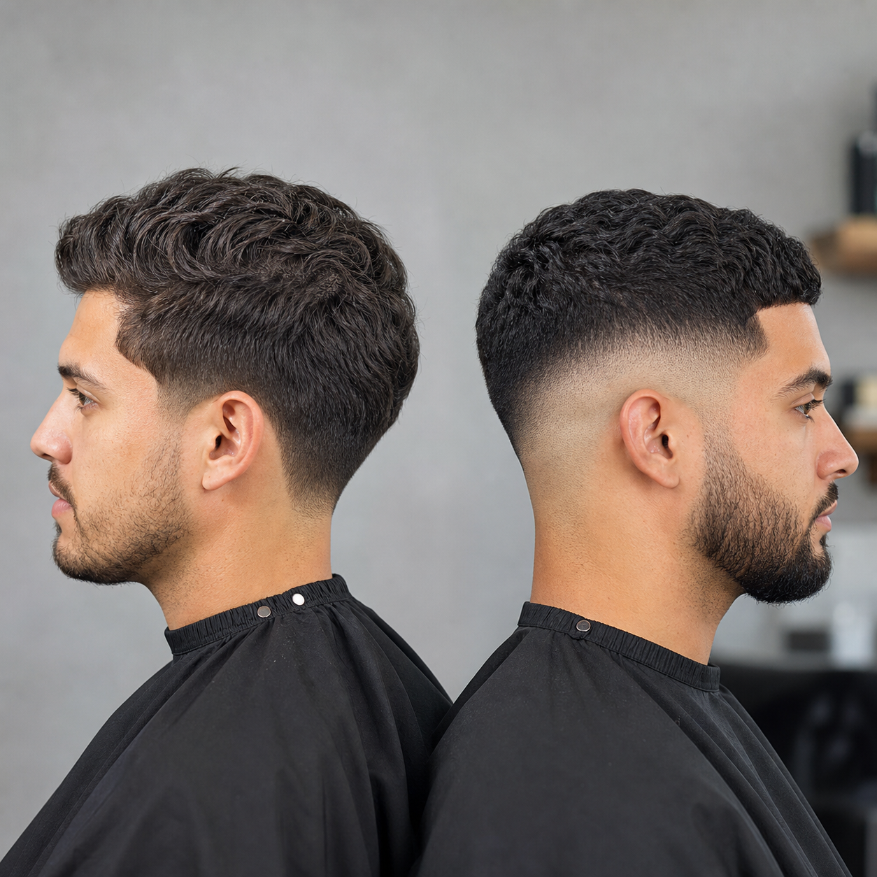 Side-by-side haircut comparison showing a taper and a skin fade