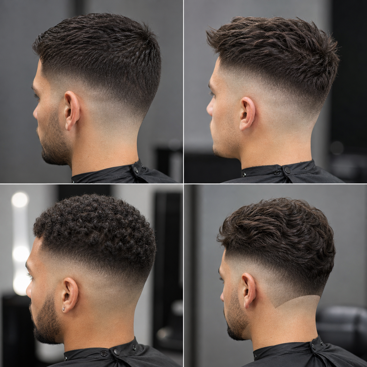 Skin fade examples showing different fade heights and top styles