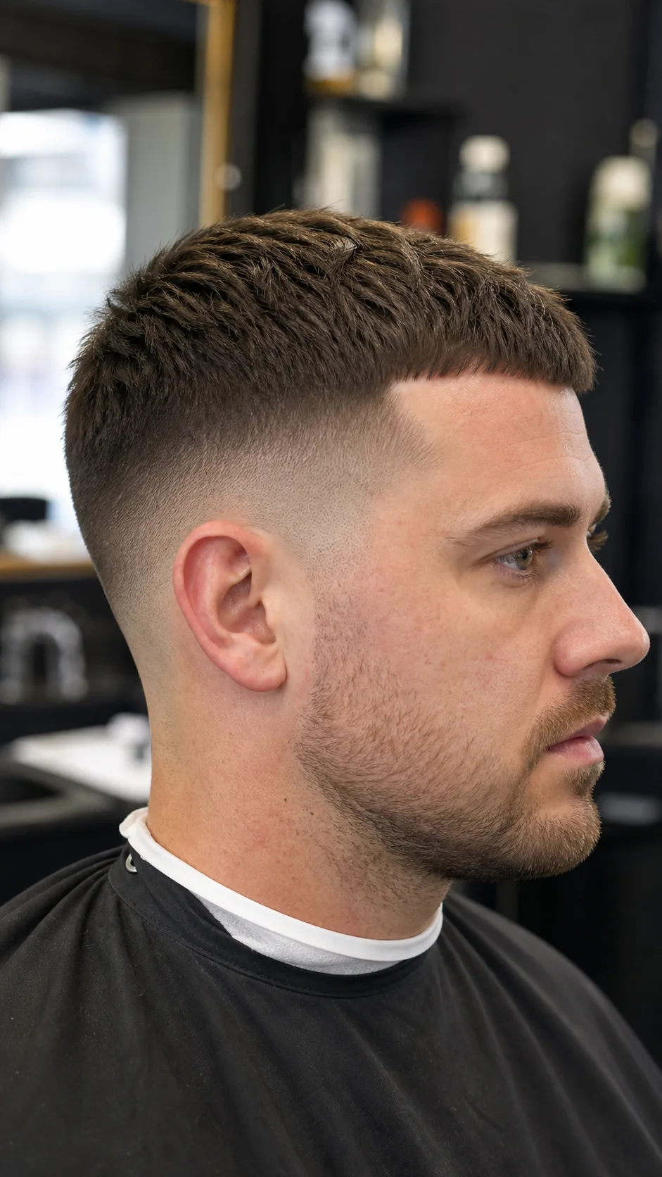 French crop low skin fade haircut with temple fade and textured fringe