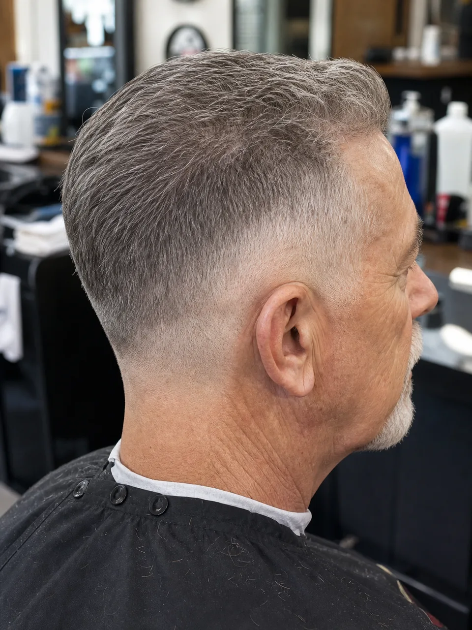 Gray hair mid skin fade for older men with the fade visible around the ear