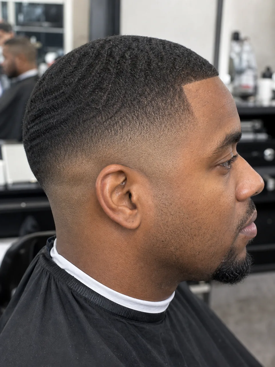 Low skin fade haircut with waves shown from the side on a Black adult man