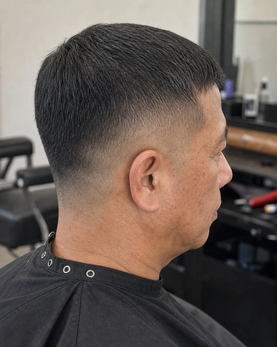 Professional low skin fade for straight hair with clean neckline detail