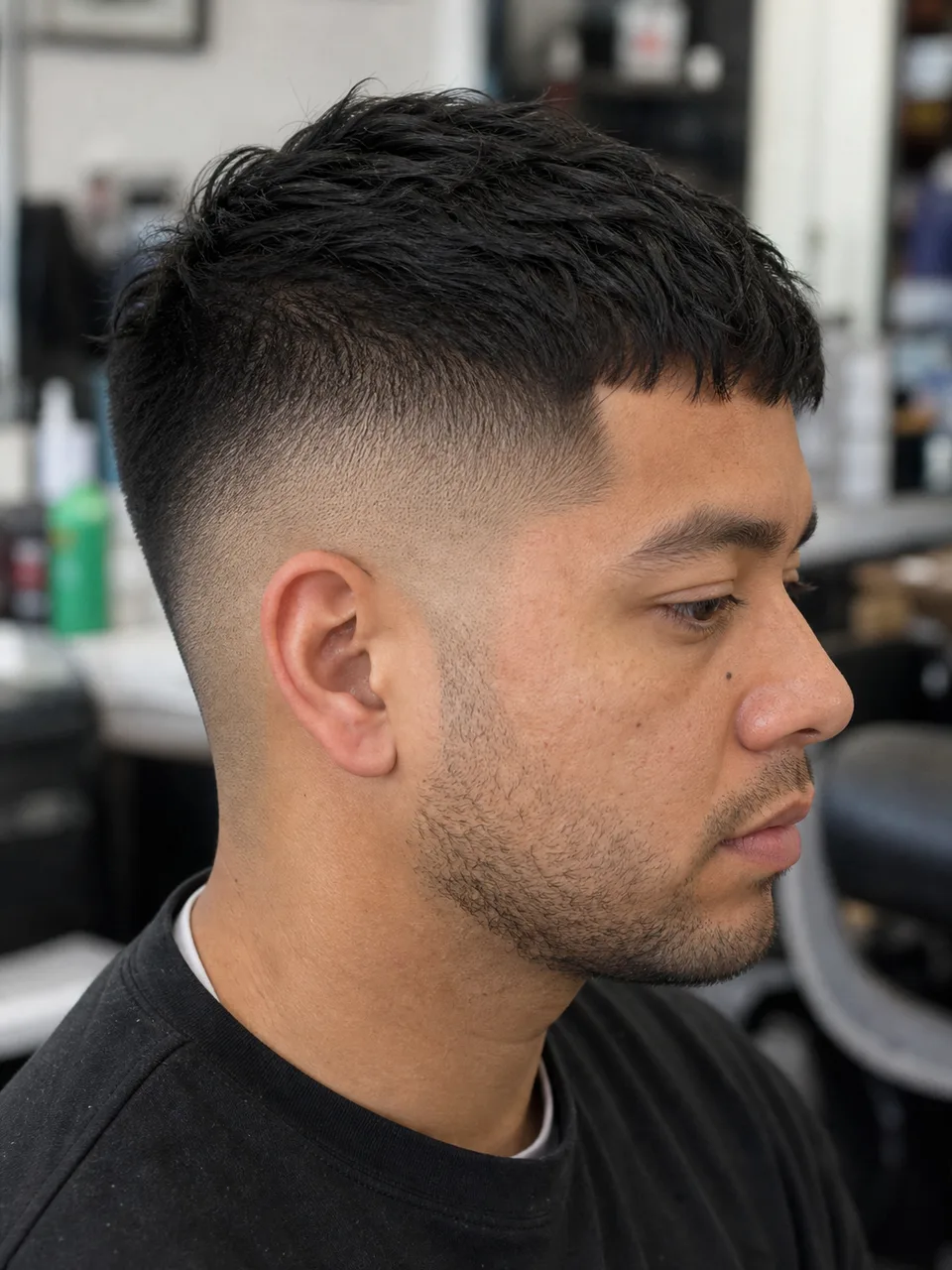 Textured crop mid skin fade haircut shown from the side