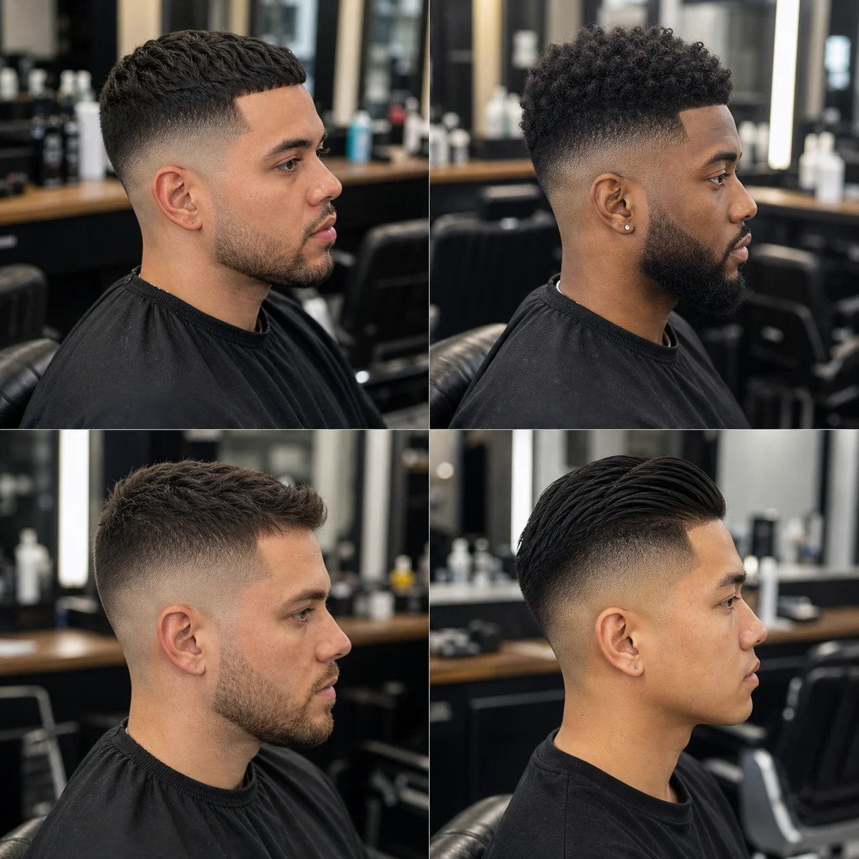 Four men's skin fade haircut examples in side and three-quarter side angle views, showing low fade, mid fade, high fade, and slick back skin fade styles